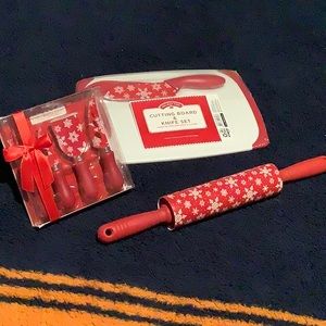 Cheese knives, rolling pin and cutting board